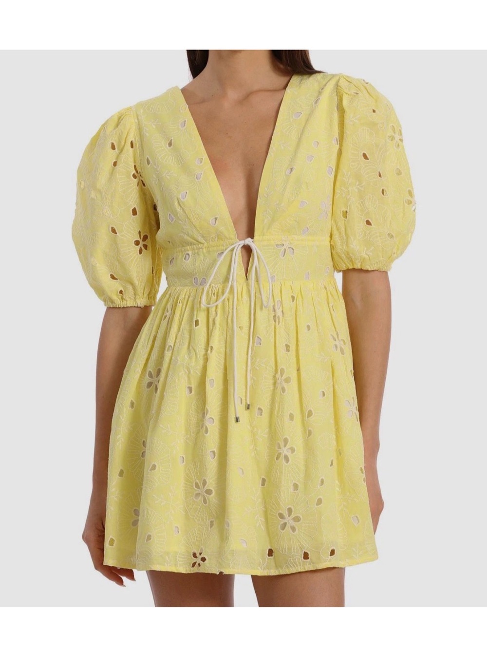 Avec Les Filles Yellow Eyelet Tie-Front Mini Dress